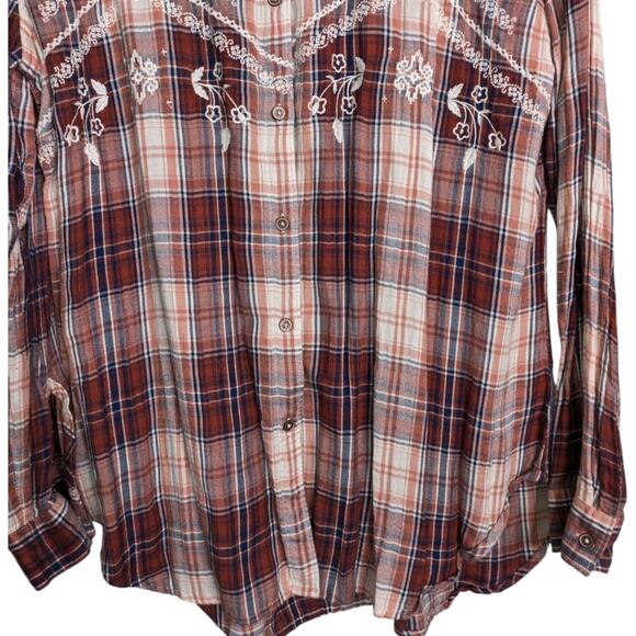 Natural Reflections Flannel Plaid Embroidered Top XL Red Cozy Cottagecore Retro - Picture 3 of 11